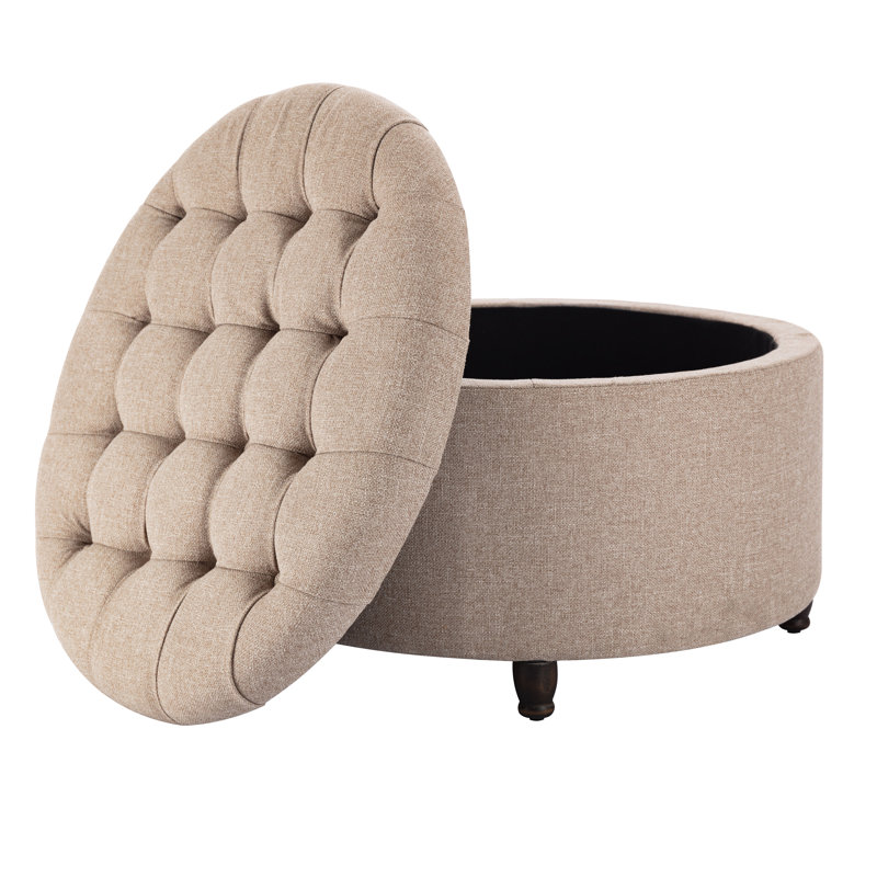 Upholstered Ottoman, Taupe, Brown Wood