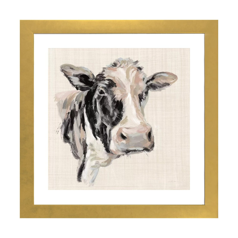«Expressionistic Cow I Neutral Linen» par Silvia Vassileva - impression d'art graphique, H 24 po x l 24 po x P 1 po, Blanc