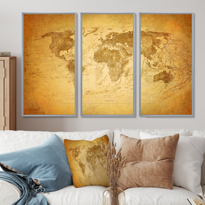 Ancienne carte du monde X - reproduction de cadre flottant 3 pièces sur toile