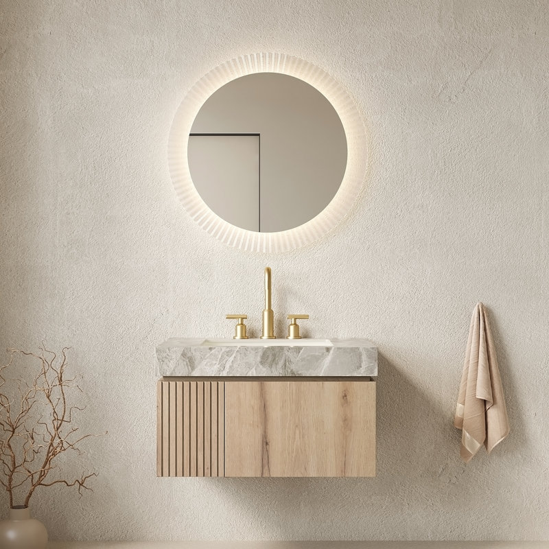Wall Mounted Single Double With Stone Top, Chêne blanc, L 30 po, Gris clair