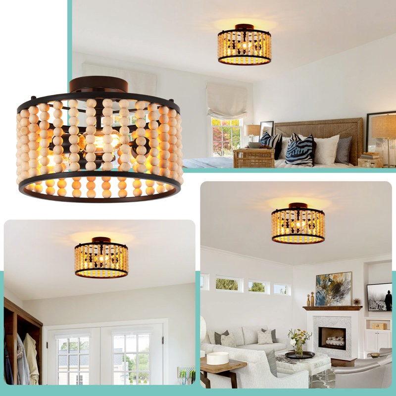 Boho Wood Bead Flush Mount Ceiling Light, 13" Diameter, Black, 3-light E26, Black