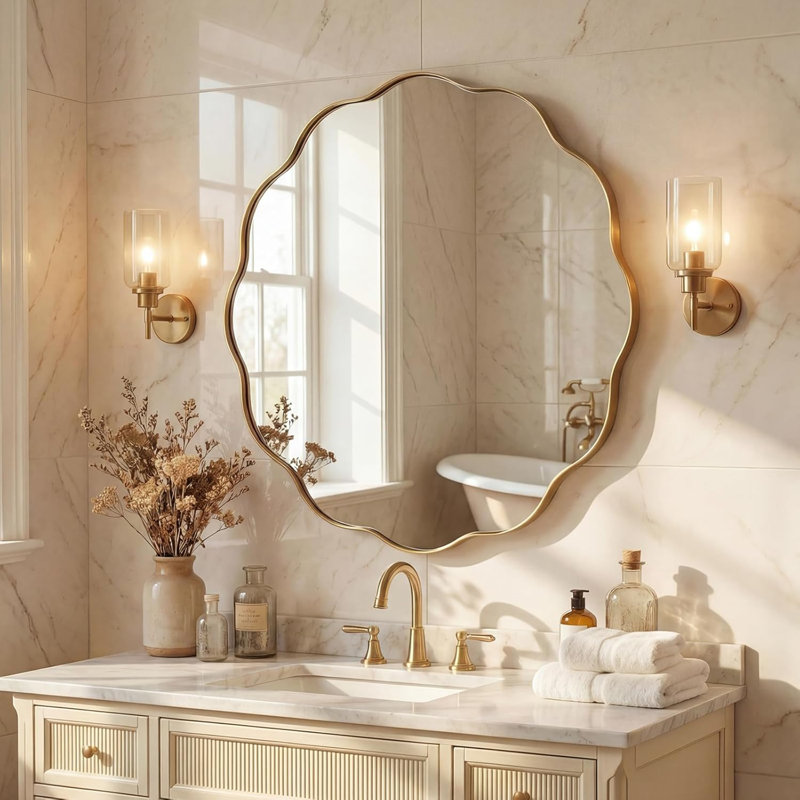 Contemporary Round Wavy Mirror Circle Bathroom Vanity Mirror | Stainless Steel Frame, Brushed Gold, 36" x 36"