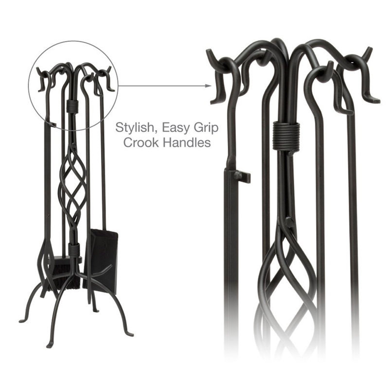 Black Wrought Iron 5-Piece Fireplace Tool Set with Center Weave