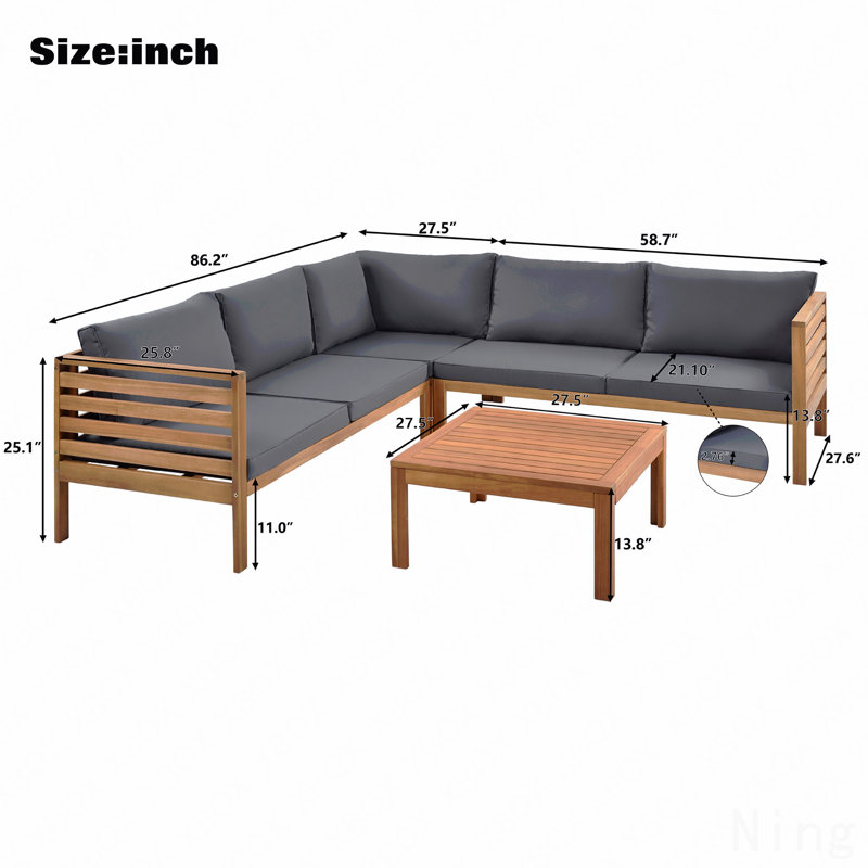 Gray Cushions Wood Structure Outdoor Sofa Set, Exotic Design Water-Resistant And Uv Protected Texture High Quality Acacia Wood Strong Metal Accessories