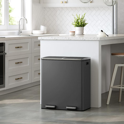 Grey Stainless SteelKitchen Waste System,Recycling Pedal Bin with Double Compartments,2x30L Double Bin for Recycling and Waste with 2Pedal