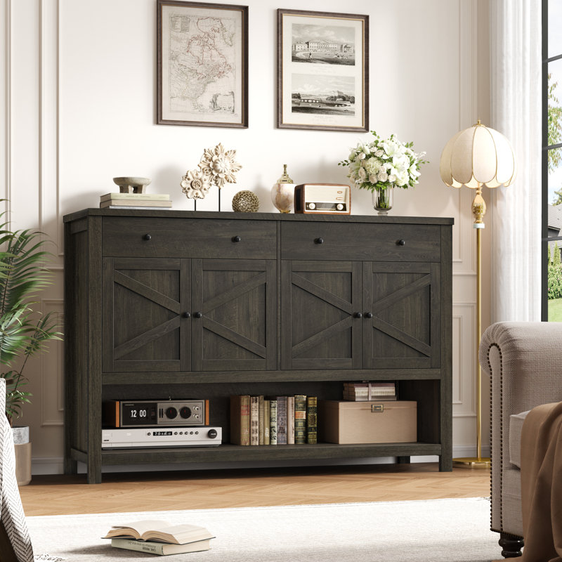 55.1"W Sideboard Buffet With Open Shelf And Drawers, Dark Brown