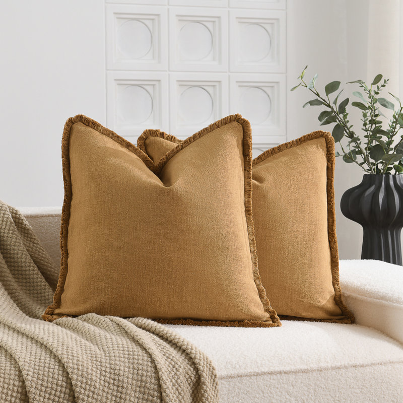 Housse de coussin en lin délavé texturé Boho Farmhouse, Jaune terre, Carré 18 po