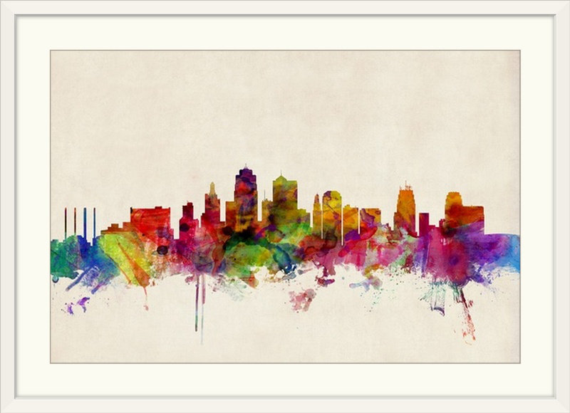 «Kansas City Skyline» par Francy, impression, Cadre blanc, H 28 po x l 38 po x P 1 po