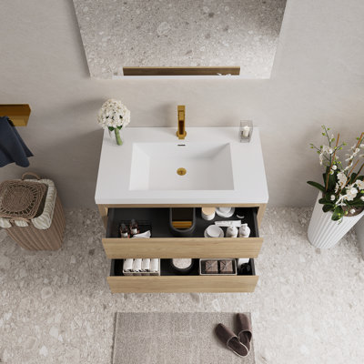 Meuble-lavabo mural avec lavabo, armoire de rangement flottante pour la salle de bain, comptoir en résine de pierre et tiroirs à fermeture en douceur pour plus de commodité