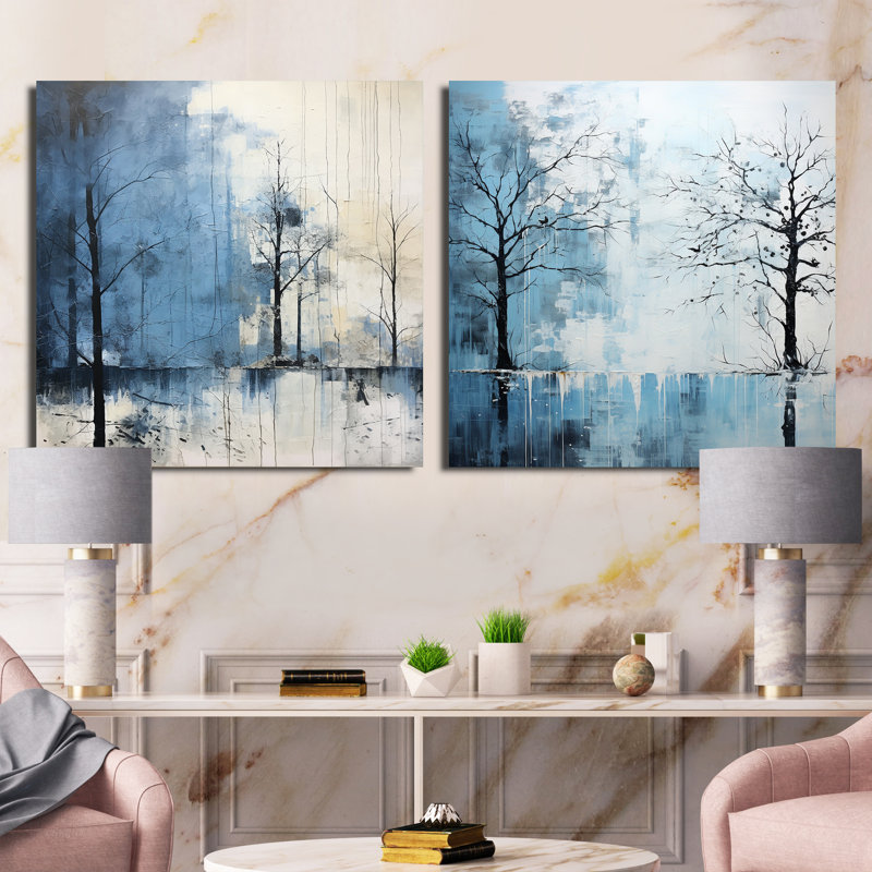 Minimalisme - Charm arbre bleu - ensemble de 2 arbres carrés, H 16 po x l 33 po, Toile tendue