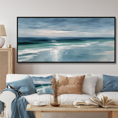 Coastal Waves In Blue And White Tones - Coastal Large Wall Art, White Coastal Framed Canvas Art Print