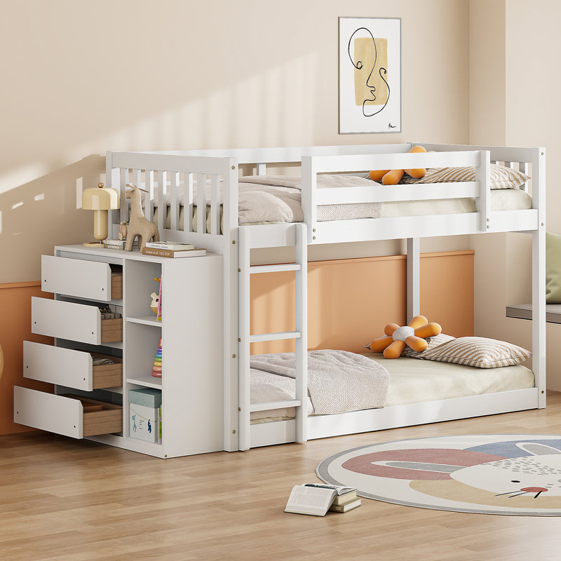 Lit superposé simple au-dessus de simple avec 4 tiroirs et 3 tablettes, Simple sur simple, Blanc