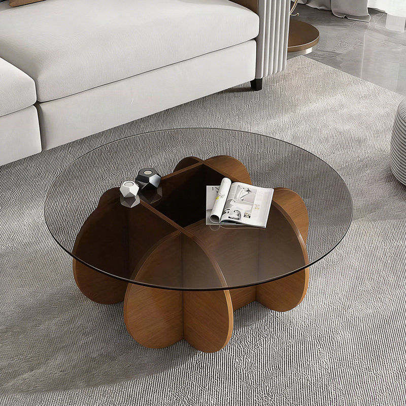 Table basse ronde moderne avec plateau en verre trempé et bois