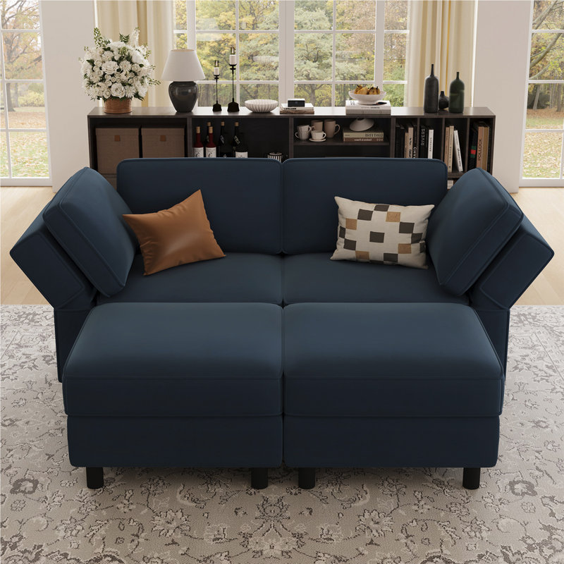 Canapé modulaire avec deux repose-pieds, Velours bleu