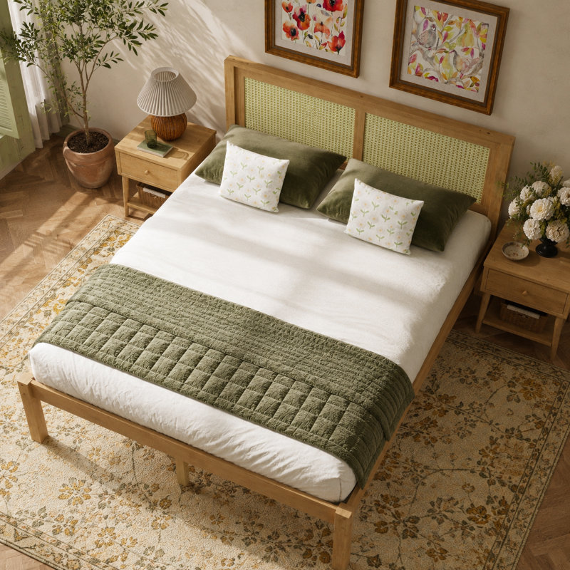 Lit plateforme en bois de pin avec tête de lit en rotin, cadre de lit bohème naturel avec rangement sous le lit, aucun sommier nécessaire