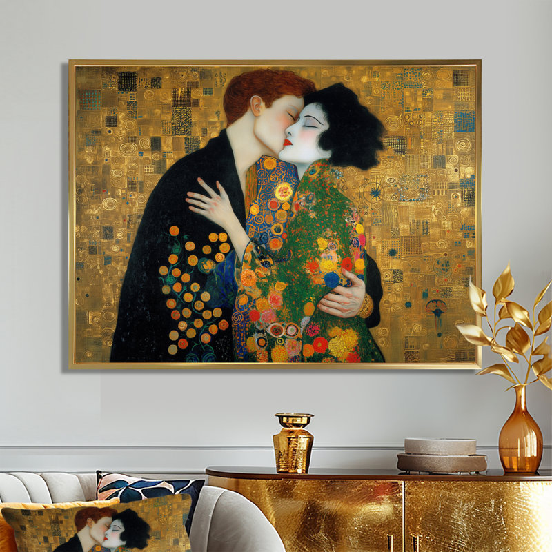 Impression intime sur toile, "Couple intime", H 30 po x l 40 po, Cadre flottant, Doré