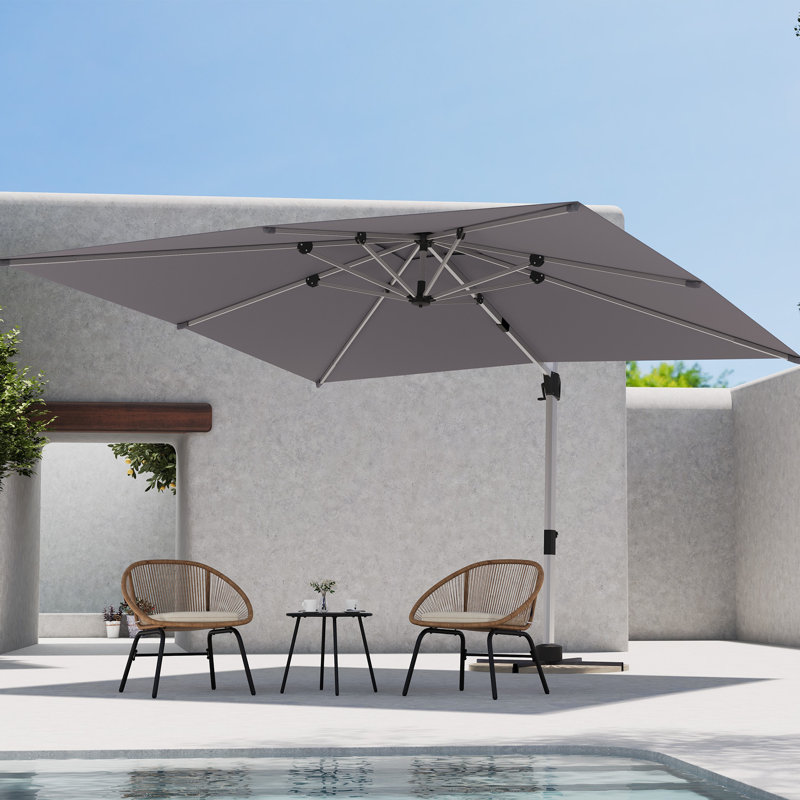 Parasol de patio en porte-à-faux de 11 pi avec pivotement et inclinaison à 360 °, parasol extérieur décalé en aluminium avec manivelle, base vendue séparément