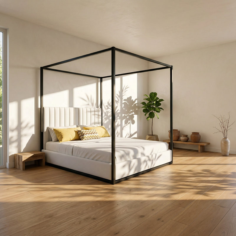Lit plateforme à baldaquin en velours Alwyn Home l 63,4 po x P 83 po x H 77,7 po