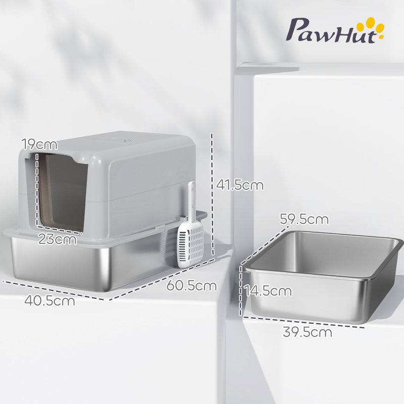 Stainless Steel Cat Litter Box with Removable Lid Scoop, Grey