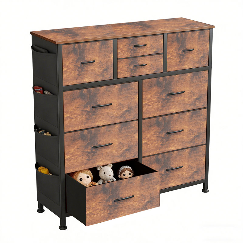 38.98"W 10-Drawer Fabric Dresser with Wood Top and Side Pockets, Storage Chest, Brown