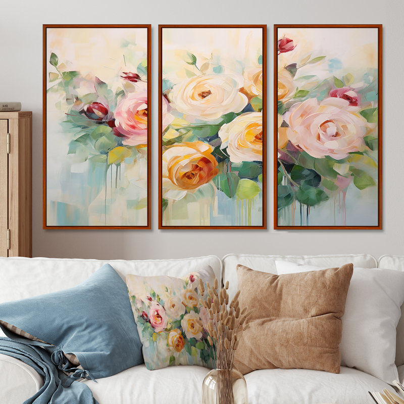Royalston - Ensemble d'art mural roses, H 40 po x l 60 po x P 1 po, Cadre flottant brun
