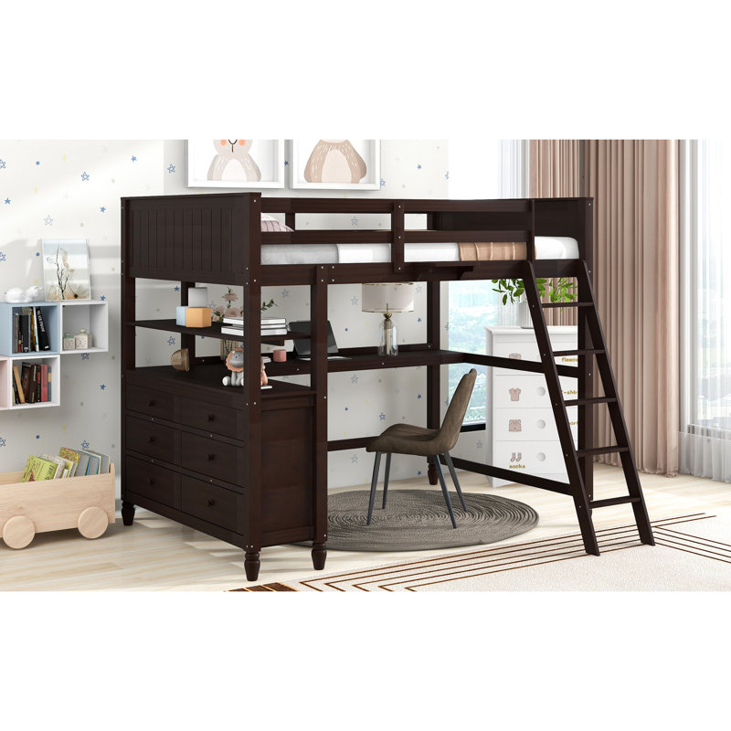 Lit mezzanine double avec bureau et tiroirs de rangement - Faites de votre chambre à coucher un espace fonctionnel élégant Contrôle de la qualité en bois de pin massif