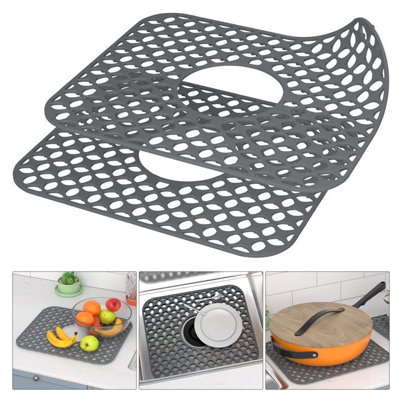 2PCS Non-Slip Silicone Sink Mats For Kitchen, Heat Resistant Sink Protector Mat With Rear Drain Design For Stainless Steel Porcelain Sink