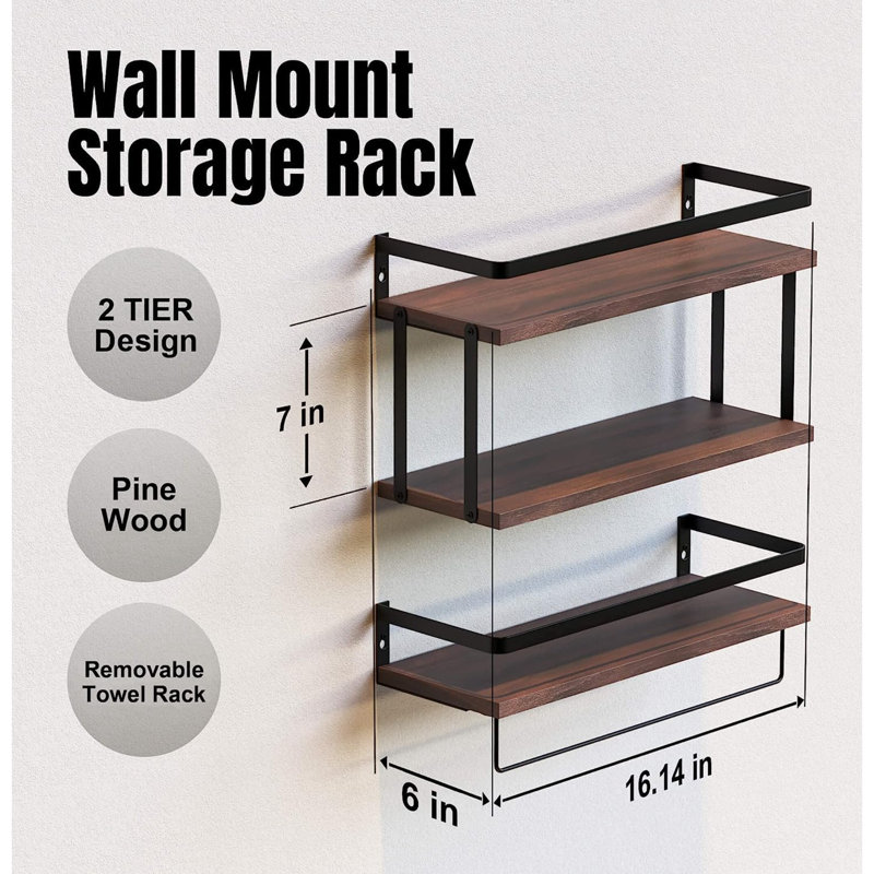 Purefoy 3 Piece Floating Shelf with Towel Bar, Rustic Brown