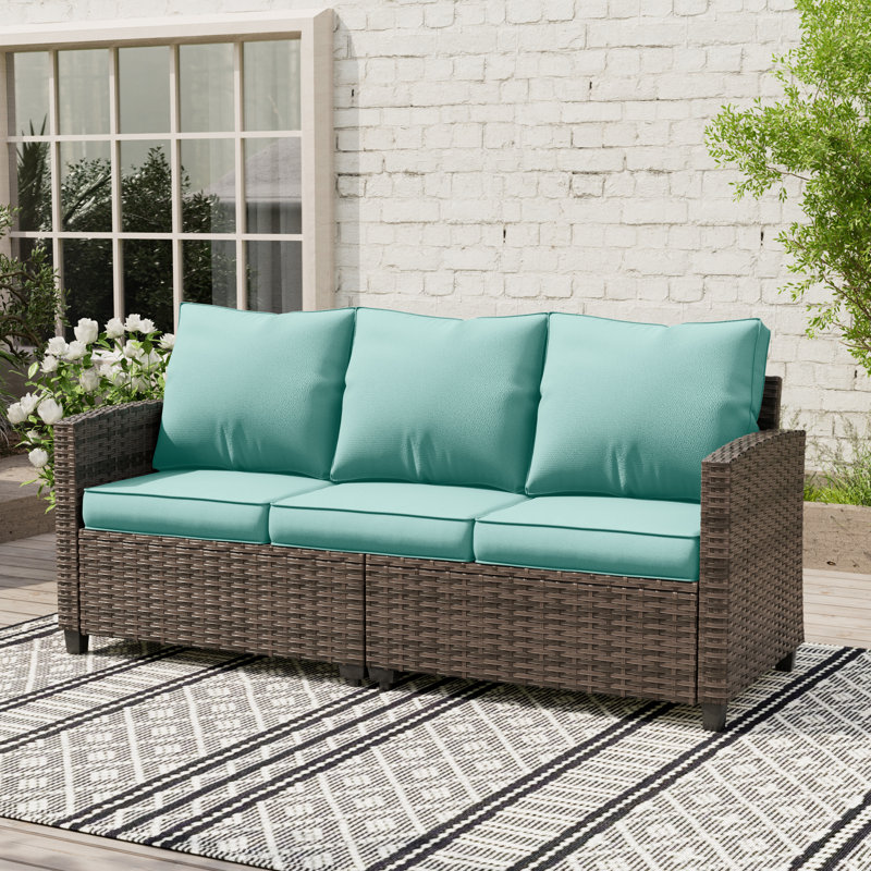 Vancamp 79" Wide Outdoor All-Weather Wicker Patio Sofa With Cushions, Turquoise Cushion/Brown Frame