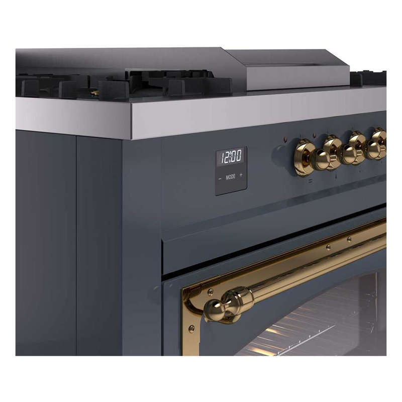 ILVE Nostalgie II Noblesse 60 in Dual Fuel Range 7 Burner, Griddle, Frenchtop, Liquid Propane, Blue Gray/Brass
