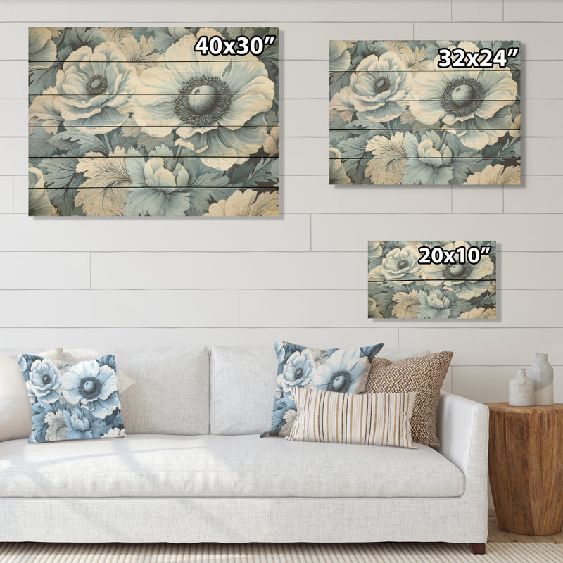 Euphoria bleu et gris coquelicots - Art mural en bois sur bois de pin naturel, H 10 po x l 20 po