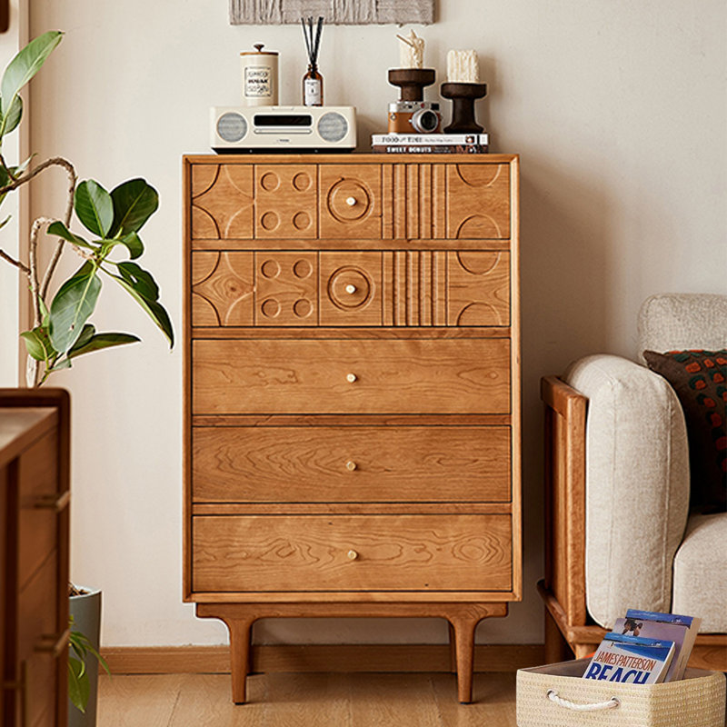 Commode d'appoint antique 5 tiroirs en bois de cerisier massif