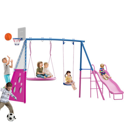 5-in-1 Metal Swing Set for Backyard, Kids Outdoor Playground Playset with Slide, Saucer & Single Belt Swings, Basketball Hoop + Soccer Goal, Heavy Duty A-Frame for Ages 3–10