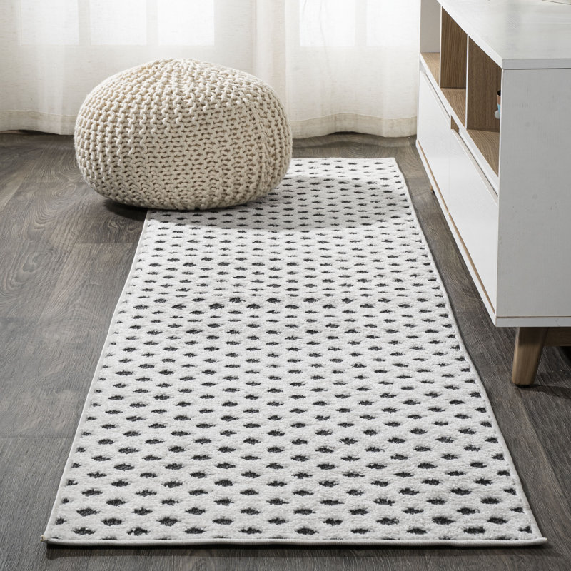 Demetri High-Low Pile Mini-Diamond Trellis White/Black Indoor/Outdoor Rug, Runner 2' x 10'