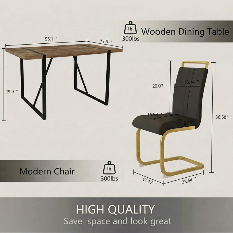 Modern Farmhouse 5-piece Dining Set With Rectangular Table & 4 Pu Leather Chairs, Black/Gold