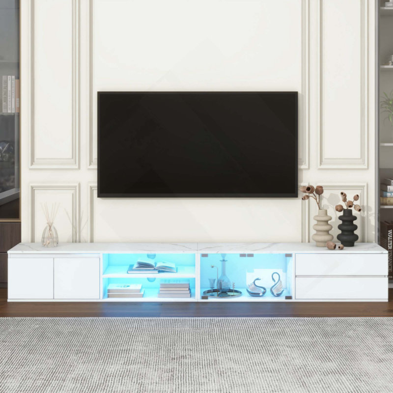 Modern APP Controlled LED TV Stand For Tvs Up To 105'', Faux Marble Tabletop Media Console With Tempered Glass Doors, Entertainment Center With 2 Drawers & Cabinets For Living Room