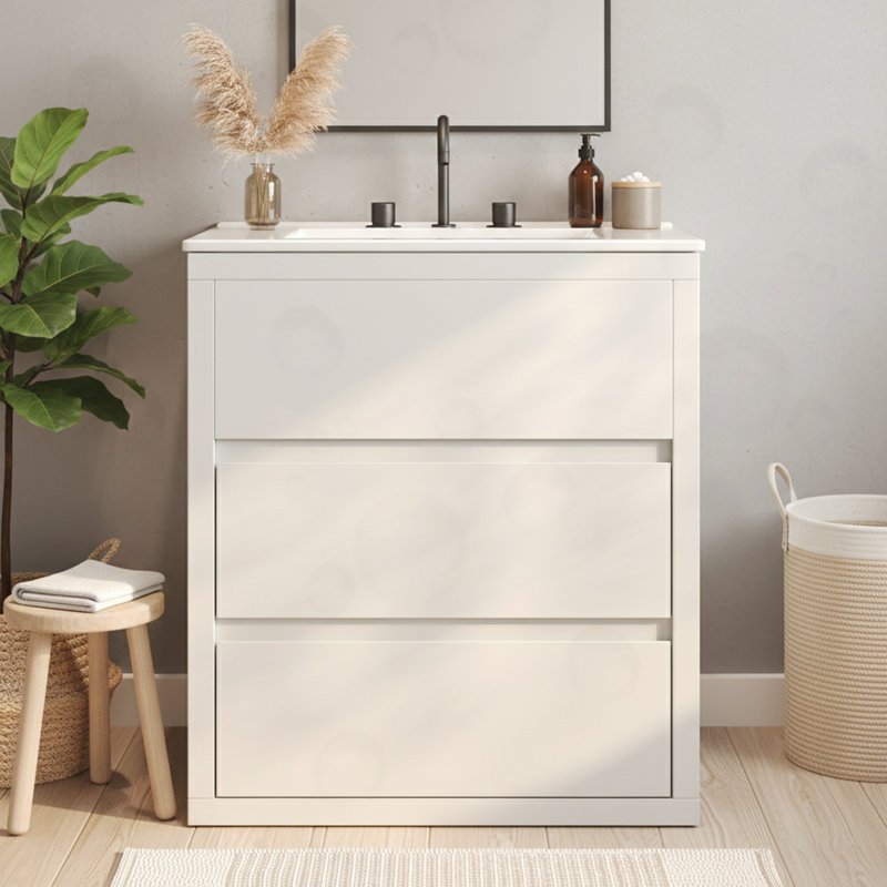 Meuble-lavabo de salle de bain avec lavabo en céramique et 2 tiroirs pleine extension, Blanc