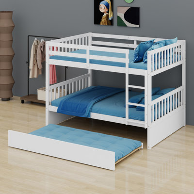 Bunk Bed With Trundle, Featuring Rubber Wood, Ladder And Guardrails