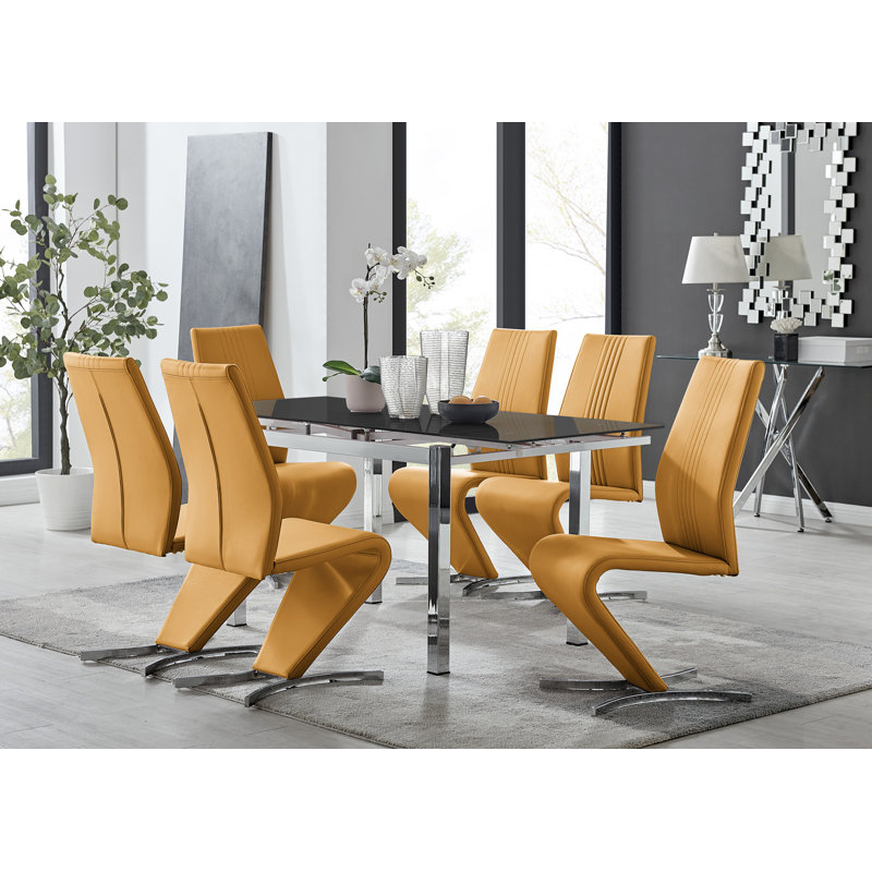 Tierra Modern Glass & Metal Extendable Dining Table Set & 6 Luxury Faux Leather Dining Chairs, Cappuccino/Silver