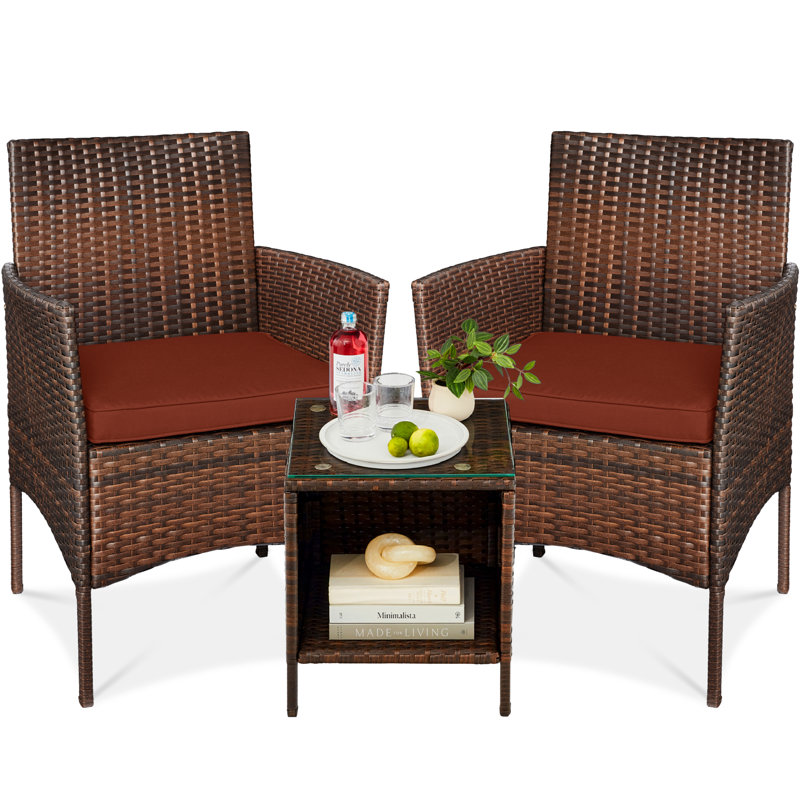  3-Piece Outdoor Wicker Conversation Patio Bistro Set, W/ 2 Chairs, Table, Dark Rust, Brown