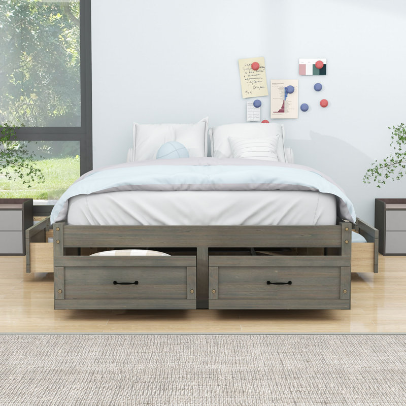 Wooden Platform Bed with 6 Drawers, Antique Gray, Full