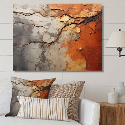 Orange, gris, séquoia abstrait, collage - arbre, séquoia, grand art mural