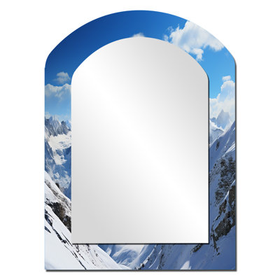 Kieu Winter Snowy Peaks V - Winter Landscape Arch Large Mirror, Traditional Asymmetrical Unique Wall Mirror Decor, Printed Metal Art