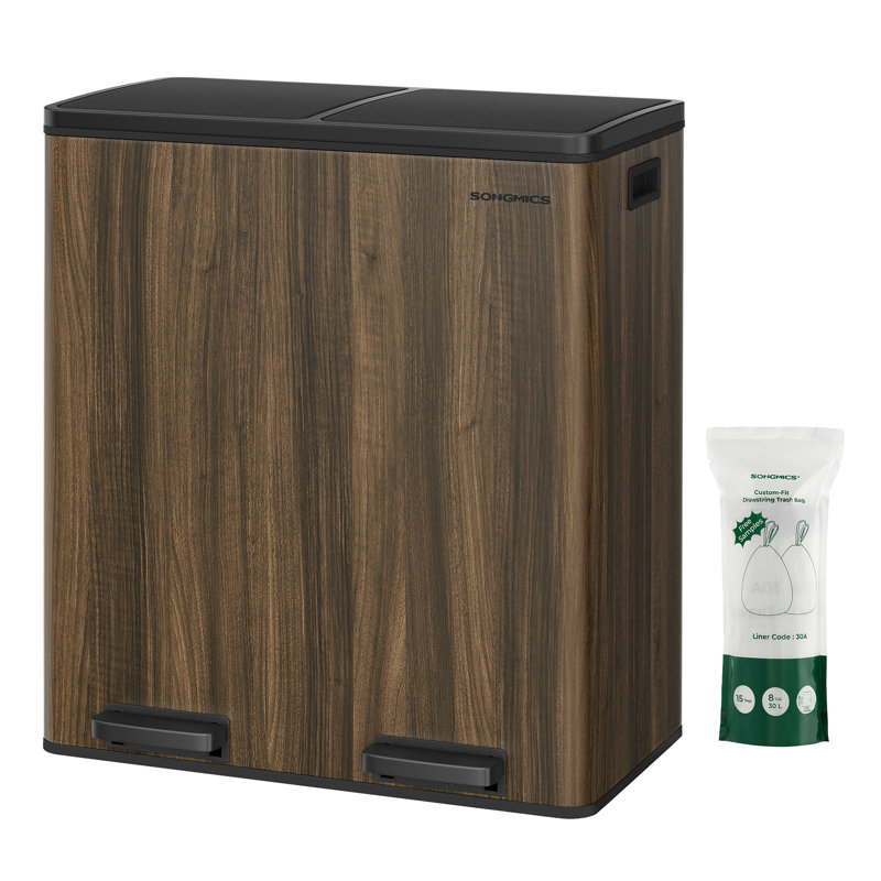 Steel Step On Multi-Compartment Rubbish & Recycling Bin - 60L, Dark Walnut