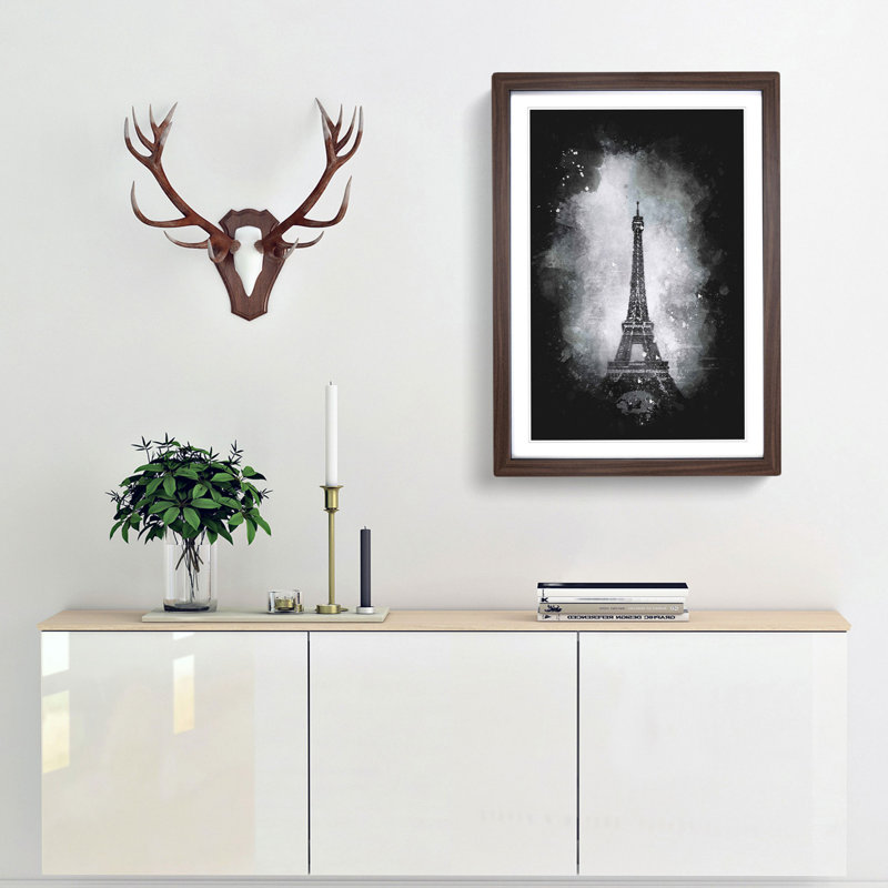 A Moody Eiffel Tower in Paris France - Picture Frame Graphic Art Print, 33cm H x 24cm W x 2cm D, Walnut Framed