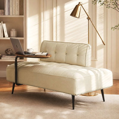 54" Modern Velvet Chaise Lounge With 360° Rotating Side Table, Tufted Armless Settee Bench For Living Room, Light Beige