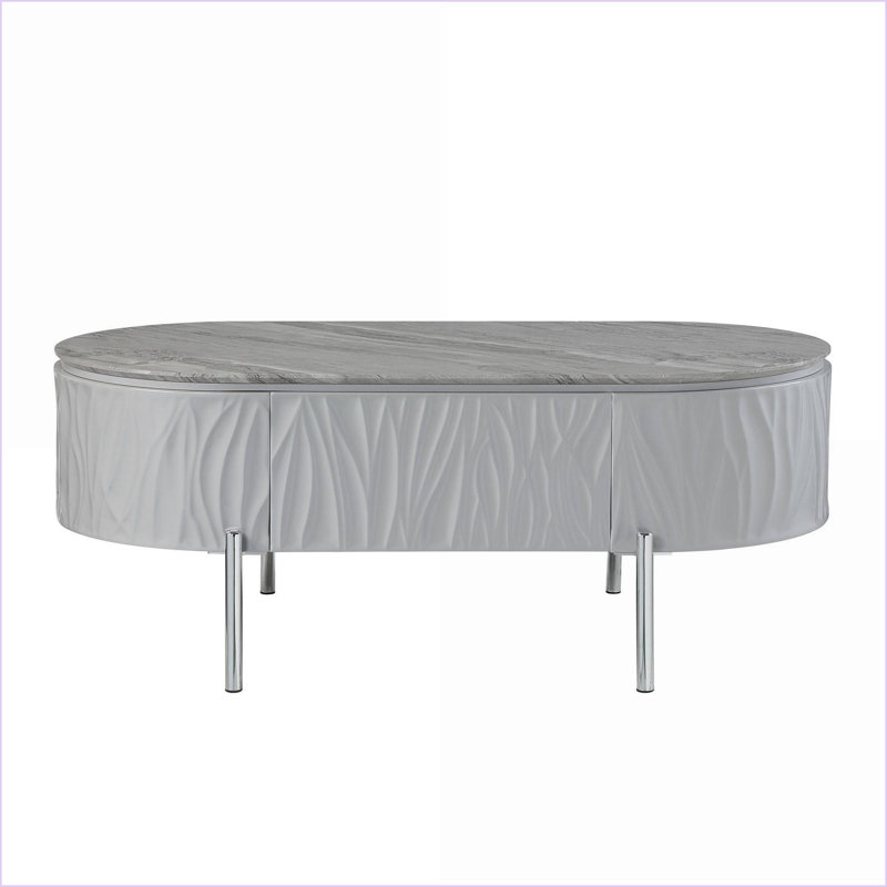 Table basse grise en chrome ultrabrillant - Conception ovale ronde moderne avec rangement pour le salon