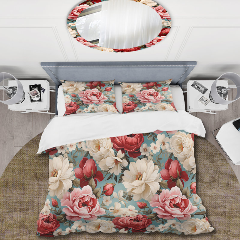 Ensemble de housse de couette à motif floral rétro rose et bleu rose, Housse de couette pour grand lit et 2 taies décor