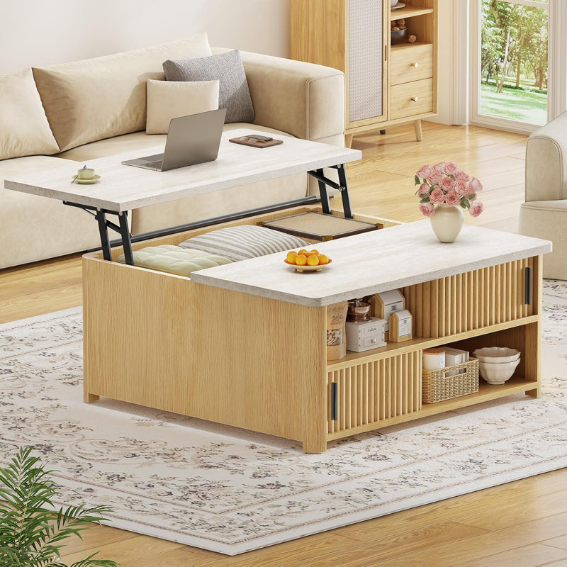 31.5" Lift Top Coffee Table Fluted Wood Coffee Table with Hidden Storage, Natural Oak