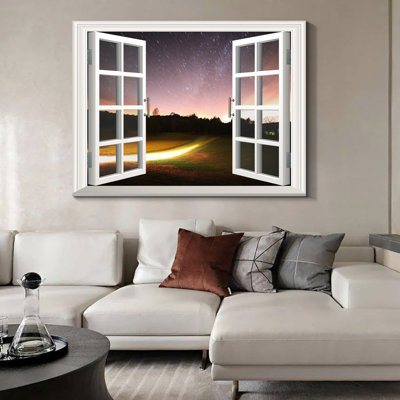 " Framed Canvas PRINTED Window Scene Starlit Light Landscape Wall Art Decor Painting,Decoration For Office, Living Room, Bathroom, Bedroom Decor-Ready To Hang " Painting Print